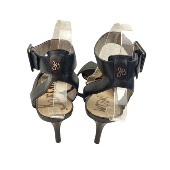 *Sam Edelman Okala Ankle Strap Heel Womens Size 8.5 Black Leather Gold Textured - Picture 3 of 12